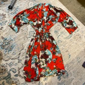Natori Robe Duster Kimono Sleeve Mandarin Asian Floral Print Large Vintage Print